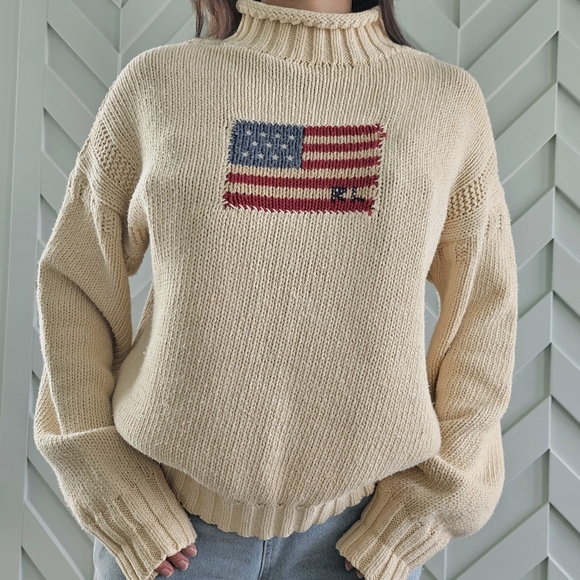 Polo Ralph Lauren Sweaters - Vintage Polo Sport 90s Ralph Lauren Cream Sweater with American Flag, Size M